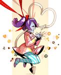  blue_skin blush closed_eyes commentary cookie cosplay dress flats food full_body jumping leviathan_(skullgirls) long_hair looking_at_another ng_(kimjae737) pantyhose pink_dress purple_hair skullgirls solo squigly_(skullgirls) sticky_bug_(vocaloid) striped striped_legwear vocaloid 