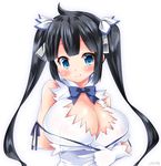  black_hair blue_eyes blue_ribbon blush breasts cleavage cleavage_cutout dungeon_ni_deai_wo_motomeru_no_wa_machigatteiru_darou_ka gloves hestia_(danmachi) large_breasts long_hair rei_no_himo ribbon simple_background smile solo twintails white_background yuuki_hb 