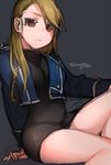  amestris_military_uniform blonde_hair bodysuit brown_eyes fullmetal_alchemist hair_down long_hair looking_at_viewer military military_uniform ng_(kimjae737) riza_hawkeye sitting solo uniform 