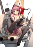  ass bad_id bad_pixiv_id blue_eyes blush breasts cleavage feet highres holding holding_panties jitome long_hair long_legs looking_at_viewer medium_breasts no_panties panties panties_removed pink_hair sitting sitting_on_object solo thighhighs tirpitz_(zhan_jian_shao_nyu) underwear weiyinji_xsk zhan_jian_shao_nyu 