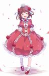 ^_^ amami_haruka bad_id bad_pixiv_id brown_hair closed_eyes crown dress flower hair_flower hair_ornament idolmaster idolmaster_(classic) mary_janes open_mouth petals rose shoes skirt_hold smile solo sxupxdxxy 