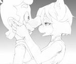  1girl anthro bodysuit breasts canine clothed clothing crossover duo eye_contact facial_hair female fox furry gradient_background hair hat human incipient_kiss joeadok krystal looking_at_another luigi male mammal mario_bros monochrome mustache nintendo no_hat open_mouth short_hair simple_background sketch skinsuit star_fox super_mario_bros. video_games 