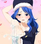  1girl armpits blue_eyes blue_hair blush breasts breath fairy_tail gaston18 hat juvia_loxar large_breasts sweat water 