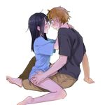  1girl black_hair brown_eyes brown_hair casual closed_eyes couple hetero hug kitashirakawa_tamako long_hair momose_(oqo) ooji_mochizou short_hair tamako_market 