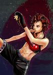  abs boxing_gloves breasts brown_eyes brown_hair dead_or_alive dead_or_alive_5 high_kick highres hiropon_(hiropong) kicking large_breasts lips midriff mila_(doa) navel nose serious short_hair shorts solo sports_bra sweat toned 