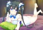  arm_ribbon barefoot bed black_hair blue_eyes blue_ribbon bow breasts cleavage cleavage_cutout couch dress dungeon_ni_deai_wo_motomeru_no_wa_machigatteiru_darou_ka full_body gloves hair_ornament hair_ribbon hestia_(danmachi) large_breasts legs_up long_hair looking_at_viewer lying on_bed on_stomach pillow rei_no_himo ribbon short_dress simple_background sleeveless sleeveless_dress solo the_pose twintails ueno_meguru white_dress white_gloves 