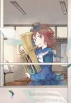  bass_clef brown_hair euphonium from_outside hami_(lvct) hibike!_euphonium instrument musical_note official_art oumae_kumiko quarter_note school_uniform serafuku sheet_music solo wavy_hair whole_rest window 