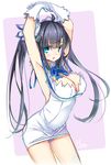  arm_ribbon armpits arms_up bare_shoulders black_hair blue_eyes blue_ribbon blush bow breasts cleavage cleavage_cutout dress dungeon_ni_deai_wo_motomeru_no_wa_machigatteiru_darou_ka gloves hair_ornament hair_ribbon hestia_(danmachi) hong_(white_spider) large_breasts long_hair looking_at_viewer open_mouth rei_no_himo ribbon sketch solo twintails white_dress white_gloves 