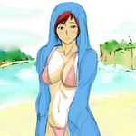  absurdres bikini blush breasts cleavage dead_or_alive dead_or_alive_5 hands_in_pockets highres hood hoodie kbt-type large_breasts looking_at_viewer mila_(doa) open_clothes open_hoodie pink_bikini red_eyes red_hair short_hair sketch solo swimsuit 
