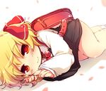  backpack bag bare_legs black_dress blonde_hair dress hair_ribbon long_sleeves looking_at_viewer lying matatabi_(nigatsu) on_side petals randoseru red_eyes ribbon rumia shirt smile solo touhou 