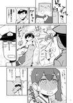  1boy 1girl admiral_(kantai_collection) blush closed_eyes comic failure_penguin full-face_blush greyscale hat kaga_(kantai_collection) kantai_collection long_sleeves military military_uniform monochrome open_mouth page_number peaked_cap poster_(object) short_hair side_ponytail tamago_(yotsumi_works) translated uniform wavy_mouth 