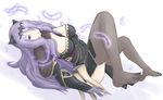  breasts camilla_(fire_emblem_if) cleavage drako9 feathers feet fire_emblem fire_emblem_if hair_over_one_eye highres large_breasts light_smile long_hair looking_at_viewer purple_eyes purple_hair solo thighhighs thighs 