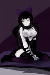  animal_ears black_hair blake_belladonna bow breasts cat_ears full_body hair_bow large_breasts long_hair looking_at_viewer low_twintails ng_(kimjae737) rwby sitting slit_pupils solo thighhighs twintails v_arms yellow_eyes yokozuwari 