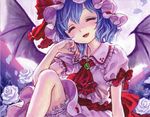  absurdres ama-tou ascot bat_wings bloomers blue_hair bow brooch closed_eyes dress flower full_moon hat hat_ribbon highres jewelry moon nail_polish pink_dress red_eyes remilia_scarlet ribbon rose sash short_sleeves smile solo touhou underwear white_flower white_rose wings 