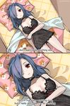  1girl 2koma blue_hair breasts choker cleavage comic english expressionless eyepatch hair_down hair_over_one_eye large_breasts long_hair lying meme ng_(kimjae737) nightgown on_back red_eyes sad scar skullgirls solo subtitled valentine_(skullgirls) 