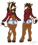  2015 anthro big_butt bovine butt cattle clothed clothing collar cowbell crossdressing english_text fur girly green_eyes hair horn long_hair looking_at_viewer male mammal masamaki moo piercing plaid pose shirt shorts solo sports_bra standing text 