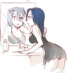  bathroom blue_hair breasts child_drawing eyepatch large_breasts long_hair looking_at_mirror mirror mirrored ng_(kimjae737) nightgown red_eyes scar skullgirls solo spaghetti_strap valentine_(skullgirls) 