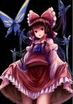  ascot black_background blurry bow brown_hair bug butterfly detached_sleeves frills hair_bow hair_ornament hair_tubes hakurei_reimu highres insect japanese_clothes kachayori lips long_hair long_sleeves looking_at_viewer miko open_mouth red_eyes shirt simple_background skirt skirt_lift skirt_set solo star_(sky) touhou wide_sleeves 