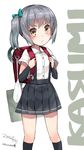  arm_warmers backpack bag blush brown_eyes character_name dated dress_shirt grey_hair hair_ribbon highres image_sample kantai_collection kasumi_(kantai_collection) kuro_chairo_no_neko long_hair paw_print randoseru ribbon shirt short_sleeves skirt solo standing suspenders twitter_sample twitter_username 