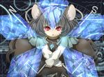  animal_ears black_background brown_dress capelet crossed_arms dowsing_rod dress grey_hair jewelry long_sleeves looking_at_viewer magic_circle mike_(raven-cat-mike) mouse_ears nazrin pendant red_eyes short_hair solo touhou triangle_mouth 
