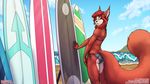  2015 ami anthro beach bikini butt clothed clothing cloud female fluffy_tail hair iko inner_ear_fluff long_hair looking_back mammal open_mouth rear_view rodent seaside solo squirrel standing surfboard swimsuit t-kay wave 