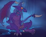  anthro bound displeased erection glowing glowing_eyes male membranous_wings metroid nude penis purple_skin purple_theme ridley scalie sharp_teeth simple_background solo teeth thewielder wings 