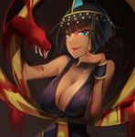  ankh bare_shoulders black_dress black_hair blood blue_eyes bob_cut bracer breasts cleavage dark_skin dress eliza_(skullgirls) hagoromo halterneck large_breasts looking_at_viewer ng_(kimjae737) parted_lips shawl short_hair sideboob skullgirls smile snake solo tiara upper_body 