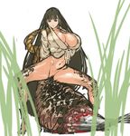  bangs black_hair blood bottomless breasts cleavage eating extra_mouth fish front-tie_top highres huge_breasts legs long_hair nameo_(judgemasterkou) original pubic_hair smile solo spread_legs squatting thighs tiptoes vagina_dentata very_long_hair 