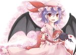  :&lt; :d animal arm_behind_back ascot bad_id bad_pixiv_id bat bat_wings blue_hair bow brooch fangs floral_background gradient gradient_background hat hat_ribbon heart holding holding_animal jewelry looking_at_viewer mob_cap open_mouth pink_background puffy_short_sleeves puffy_sleeves red_eyes remilia_scarlet ribbon satorichan short_hair short_sleeves skirt skirt_set smile solo touhou wings |_| 