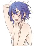  alternate_hair_length alternate_hairstyle arm_up armpits bare_shoulders blue_eyes blue_hair blush breasts dress fire_emblem fire_emblem:_kakusei lowres lucina one_eye_closed short_hair small_breasts solo tusia white_dress yawning 