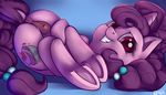  2015 absurd_res anus butt clitoris cutie_mark dock equine female feral friendship_is_magic hair hi_res hooves horn lying mammal my_little_pony on_back ponypron purple_eyes purple_hair pussy smile solo sugar_belle_(mlp) underhoof unicorn 