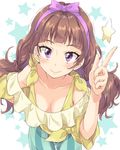  amanogawa_kirara breasts brown_hair cleavage go!_princess_precure hairband long_hair looking_at_viewer medium_breasts precure purple_eyes purple_hairband shorts smile solo star starry_background striped striped_shorts twintails yagyuu_hato 