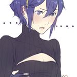  1girl alternate_hair_length alternate_hairstyle blue_eyes blue_hair blush breasts cleavage_cutout fingerless_gloves fire_emblem fire_emblem:_kakusei gloves hairband lowres lucina meme_attire open-chest_sweater parted_lips ribbed_sweater short_hair small_breasts solo sweater turtleneck tusia 