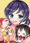  &gt;_&lt; :3 animal_costume aqua_eyes black_hair blueberry blush bow bunny_costume chibi closed_eyes eating food food_on_face fruit hair_bow holding holding_spoon kiwifruit looking_at_viewer love_live! love_live!_school_idol_project minigirl multiple_girls ofuton_(2525ofuton) open_mouth parfait purple_hair spoon strawberry strawberry_syrup sweater toujou_nozomi twintails x3 yazawa_nico 