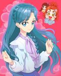  alternate_costume amanogawa_kirara blue_eyes blue_hair blush braid brown_eyes brown_hair crown_braid eyelashes go!_princess_precure hair_ornament hairband hairclip happy haruno_haruka kaidou_minami long_hair looking_at_viewer moudoku_(decopon3rd) multiple_girls open_mouth precure red_background single_braid smile 