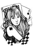  1girl 2ne1 ace bands bom_(2ne1) character_name k-pop long_hair monochrome musician outline playing_card solo spade 