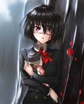  another bad_id bad_pixiv_id bandages black_hair blood blood_on_face bow doll doll_hug eyepatch highres hk_(hk) long_sleeves misaki_mei parted_lips petals purple_eyes school_uniform short_hair solo 