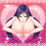  1girl absurdres areolae breasts green_eyes heart heart-shaped_pupils highres huge_breasts long_hair looking_at_viewer love_live!_school_idol_project mizutsuki_rei nipples purple_hair smile solo symbol-shaped_pupils tongue tongue_out toujou_nozomi twintails 