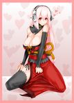  blush breasts cleavage company_connection cosplay headphones large_breasts long_hair looking_at_viewer nipple_slip nipples nitroplus pink_hair red_eyes sansei_muramasa sansei_muramasa_(cosplay) smile solo soukou_akki_muramasa super_sonico tenjiku_nezumi 