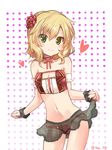  blonde_hair green_eyes hairband highres idolmaster idolmaster_cinderella_girls looking_at_viewer midriff panties paopao red_panties sakurai_momoka see-through short_hair skirt_hold smile solo underwear 