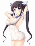  armpits arms_up black_hair blue_ribbon breasts cleavage cleavage_cutout dress dungeon_ni_deai_wo_motomeru_no_wa_machigatteiru_darou_ka hestia_(danmachi) highres kirifrog large_breasts long_hair looking_at_viewer navel parted_lips rei_no_himo ribbon see-through sideboob simple_background sleeveless sleeveless_dress solo thighs twintails very_long_hair white_background 