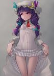  breasts covered_nipples crescent dress dress_lift hat highres long_hair musen-shiki_sanhankikan no_bra no_panties patchouli_knowledge purple_eyes purple_hair pussy_peek small_breasts solo touhou uncensored 