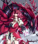  black_rose_dragon breasts card cleavage commentary dragon duel_monster elbow_gloves english_commentary fingerless_gloves gloves grey_background izayoi_aki large_breasts looking_at_viewer orange_eyes plant red_hair ryairyai short_hair solo summoning thighhighs vines yuu-gi-ou yuu-gi-ou_5d's 