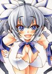  bent_over blue_eyes breasts cleavage colored_pencil_(medium) downblouse dress dungeon_ni_deai_wo_motomeru_no_wa_machigatteiru_darou_ka gloves grey_hair hair_ornament hanging_breasts hestia_(danmachi) large_breasts long_hair marker_(medium) millipen_(medium) open_mouth rei_no_himo ribbon silver_hair simple_background slit_pupils smile solo traditional_media twintails uneven_eyes very_long_hair white_background white_dress white_gloves yutakasan-love 