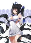  black_hair blue_eyes blue_ribbon breasts cleavage covered_navel dress dungeon_ni_deai_wo_motomeru_no_wa_machigatteiru_darou_ka gloves hair_ribbon hestia_(danmachi) hips large_breasts long_hair raijuu_(bakanara) rei_no_himo ribbon solo thighs twintails very_long_hair white_dress 