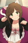  animal_ears breasts brown_hair cat_ears cat_tail cleavage collarbone commentary_request downblouse dress fang green_eyes idolmaster idolmaster_cinderella_girls jacket kemonomimi_mode long_sleeves maekawa_miku ogipote open_clothes open_jacket paw_pose small_breasts smile solo tail white_dress 