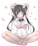  ao_(time-leap) arm_ribbon armpits arms_behind_head arms_up bare_shoulders barefoot black_hair blue_eyes blue_ribbon blush blush_stickers bow breasts butterfly_sitting cleavage cleavage_cutout collarbone covered_navel dress dungeon_ni_deai_wo_motomeru_no_wa_machigatteiru_darou_ka gloves hair_ornament hair_ribbon heart hestia_(danmachi) indian_style large_breasts long_hair looking_at_viewer one_eye_closed panties rei_no_himo ribbon short_dress simple_background sitting sleeveless sleeveless_dress smile solo twintails underwear white_background white_dress white_gloves white_panties 