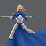  ahoge armor armored_dress artoria_pendragon_(all) blonde_hair excalibur fate/stay_night fate_(series) fork_(357022) greaves highres holding holding_sword holding_weapon ribbon saber solo sword weapon 