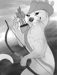  archer arrow bow_(weapon) greyscale hat looking_at_viewer mammal monochrome mustelid otter ranged_weapon rhyu weapon 