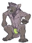  2015 anthro balls canine claws clothed clothing crouching fangs fur hair half-dressed male mammal nipple_piercing nipples open_mouth paws piercing purple_fur snarling stripes tape_(artist) tongue topless 